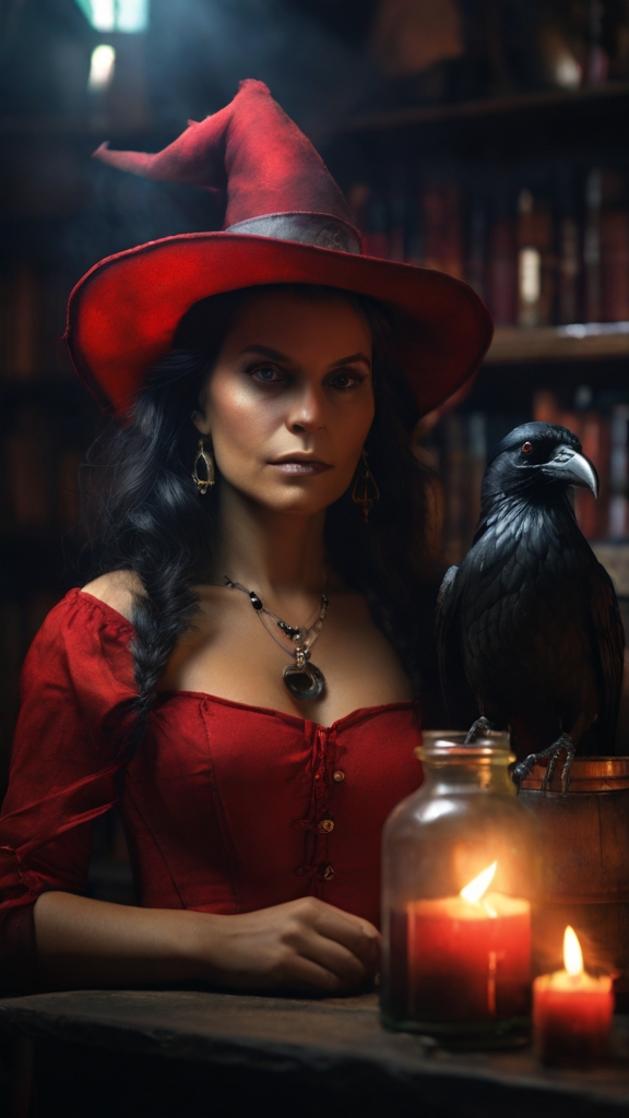 Default_a_witch_in_a_red_dress_with_a_witchhat_a_crow_on_the_s_1