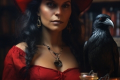 Default_a_witch_in_a_red_dress_with_a_witchhat_a_crow_on_the_s_1