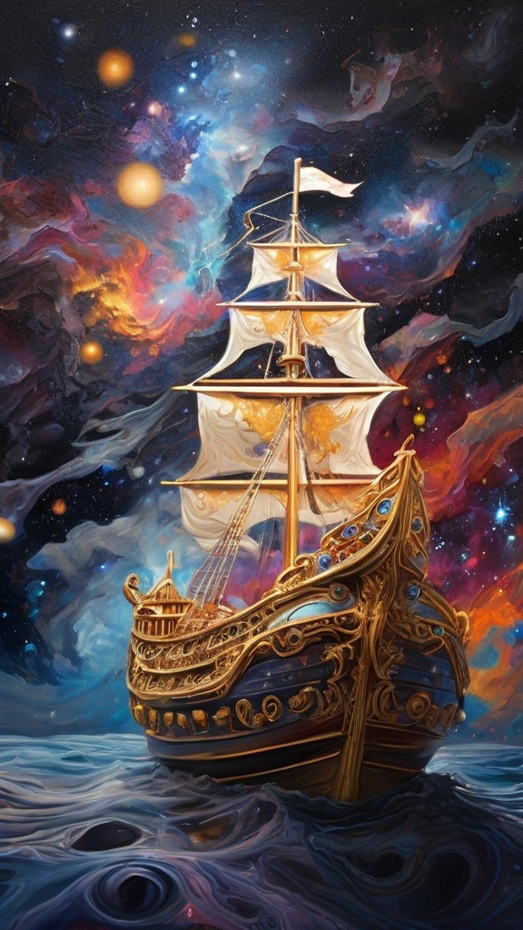 Default_A_fantastical_galaxy_galleon_adorned_in_gaudy_gold_and_1